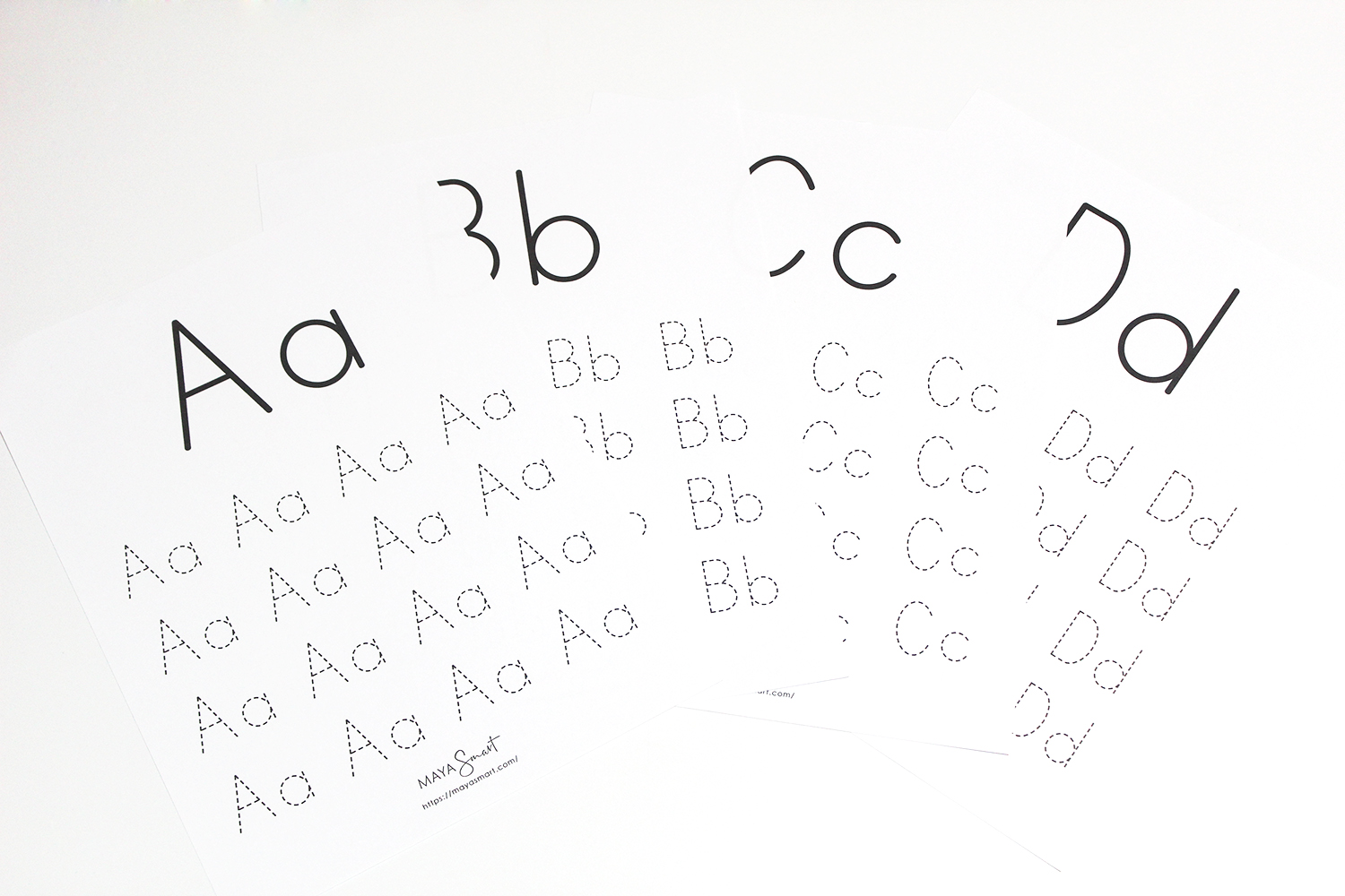 Tracing sheets for the letters A, B, C and D