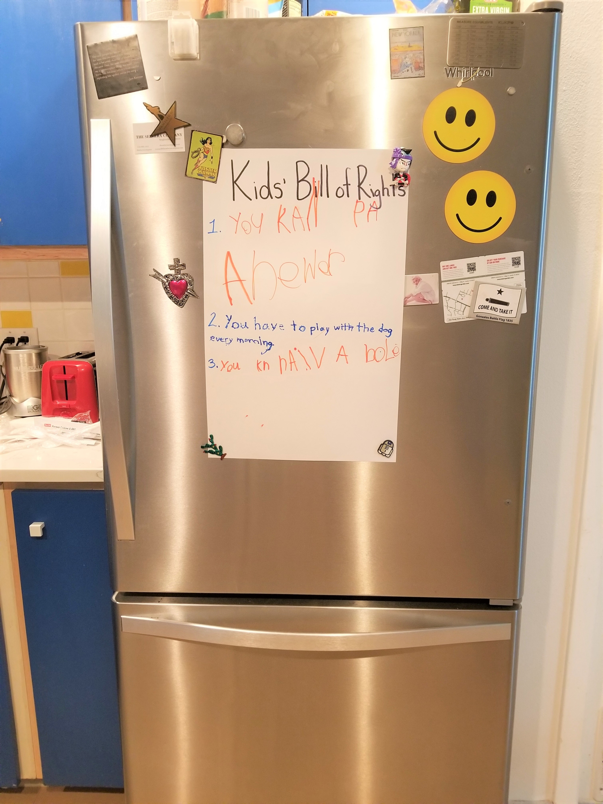 Fridge with Bill of Rights activity taped to it
