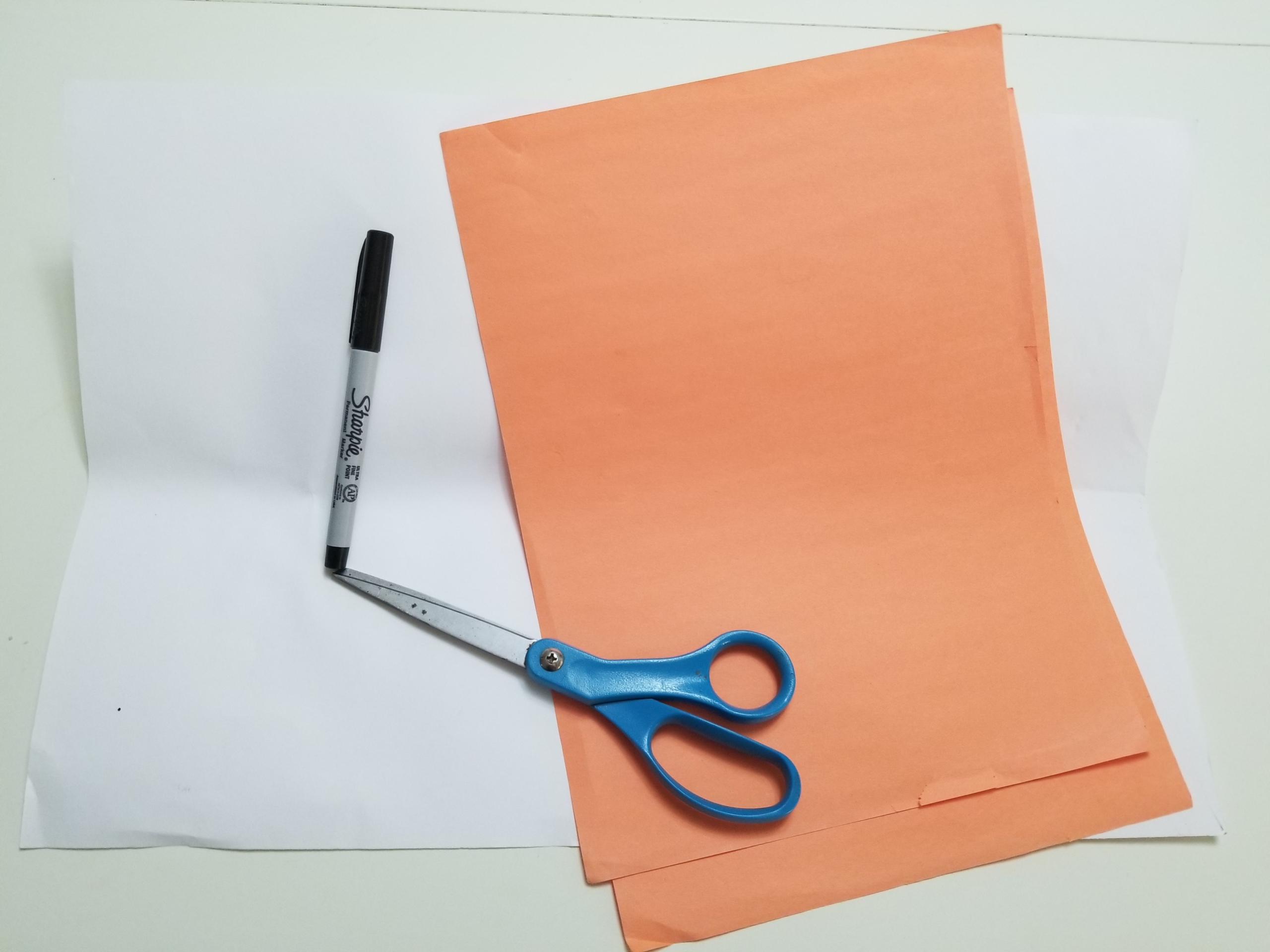 Orange and white paper, scissors, Sharpie 