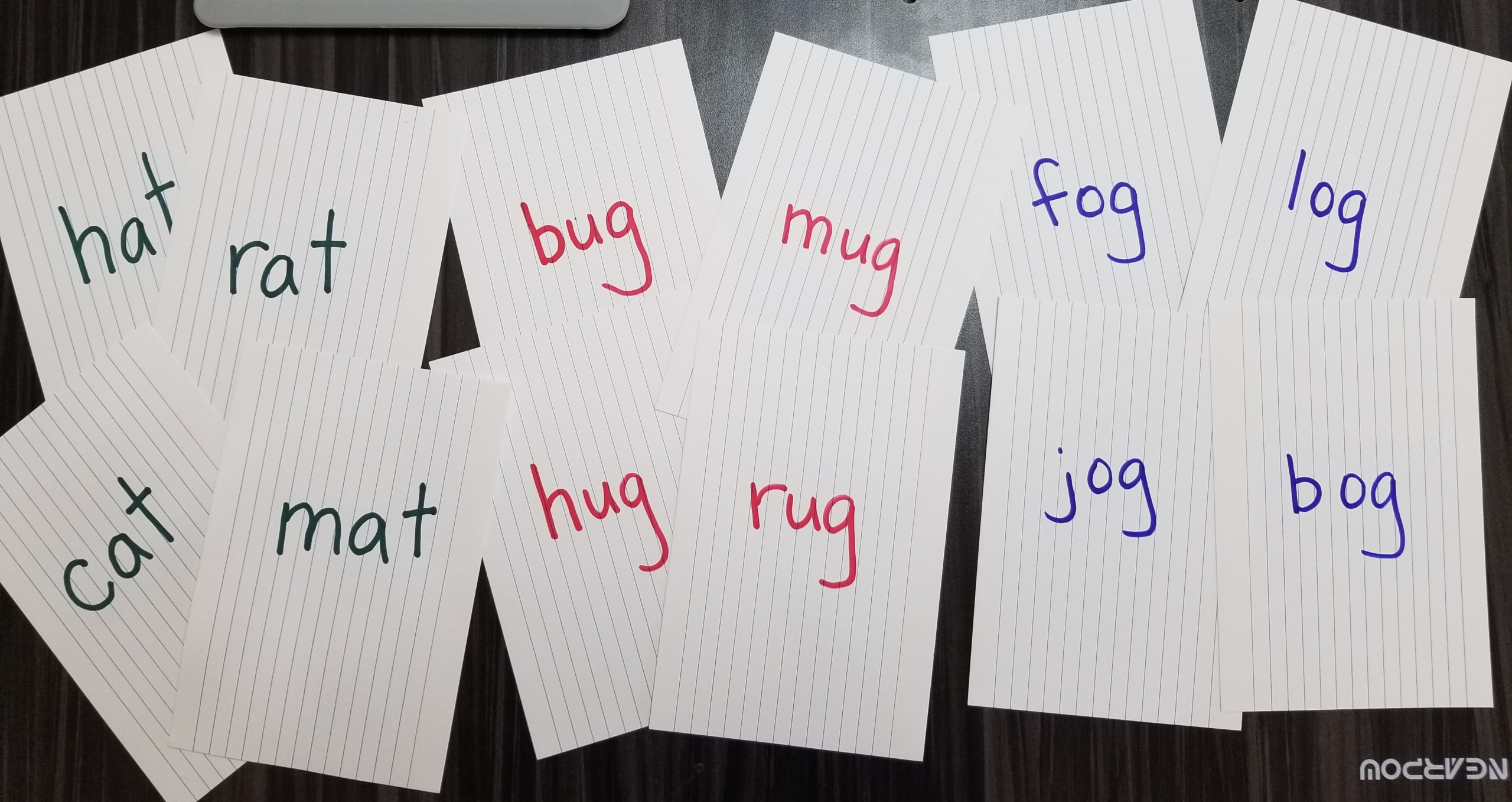 words written on index cards for Rhyming Go Fish