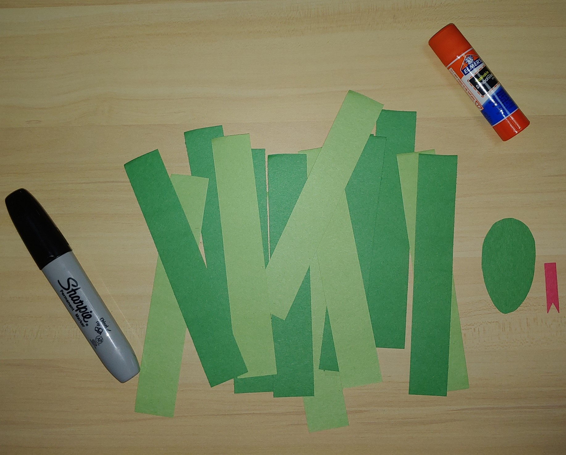 Strips of green construction paper, sharpie, and a glue stick